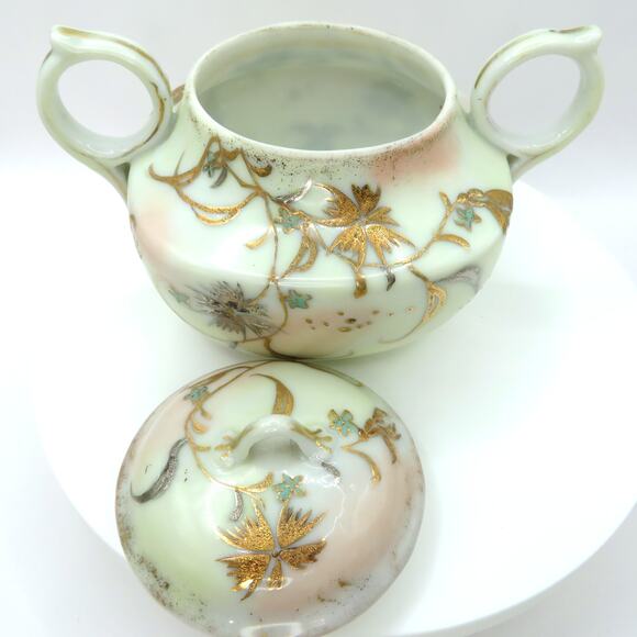 Vintage Nippon Style Moriage Creamer & Sugar Bowl Set Hand Painted Gold Floral - Picture 3 of 16